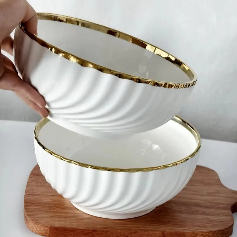 Nordic 6 Inch White Porcelain Bowl Elegant Gold Border Ceramic Dessert Bowl Modern Swirl Design Salad Tableware for Party