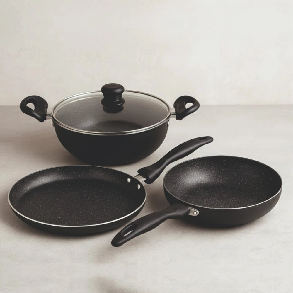 Premium Durable Eco-Friendly Healthy 3-Piece Classic Metal Non-Stick Cookware Set Frying Pans Kadhai Glass Lid Induction Ready