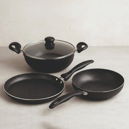 Premium Durable Eco-Friendly Healthy 3-Piece Classic Metal Non-Stick Cookware Set Frying Pans Kadhai Glass Lid Induction Ready