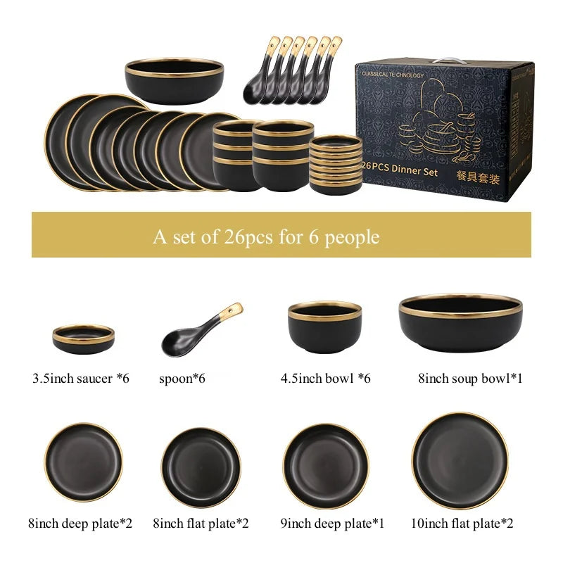 Luxury Elegant Vintage Hotel Restaurant Home Porcelain Tableware Gold Edge Ceramic Bowl Dinner Plates Dishes Dinnerware Set