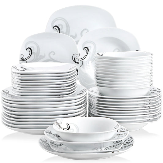 VEWEET ZOEY 48-Piece Black Decals Dinner Combi-Set Porcelain Tableware Set with Bowls Dessert Plates Soup Plate Dinner Plates