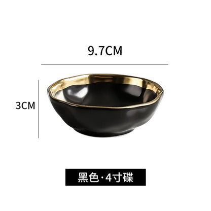Factory Direct Wedding Gold Ceramic Plates Gold Rim Fashion Black White Gold Dinnerware Irregular Bowl Set