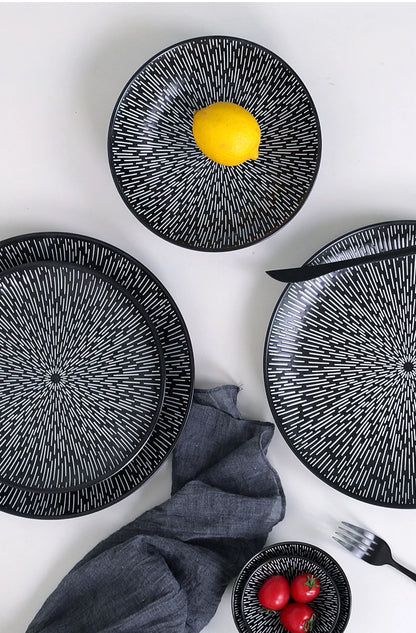 Dehua Round Ceramic Rain Design Dinnerware Plates Set Porcelain Black or White Line Tableware Morden Salad Soup Bowl