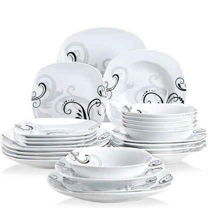 VEWEET ZOEY 48-Piece Black Decals Dinner Combi-Set Porcelain Tableware Set with Bowls Dessert Plates Soup Plate Dinner Plates
