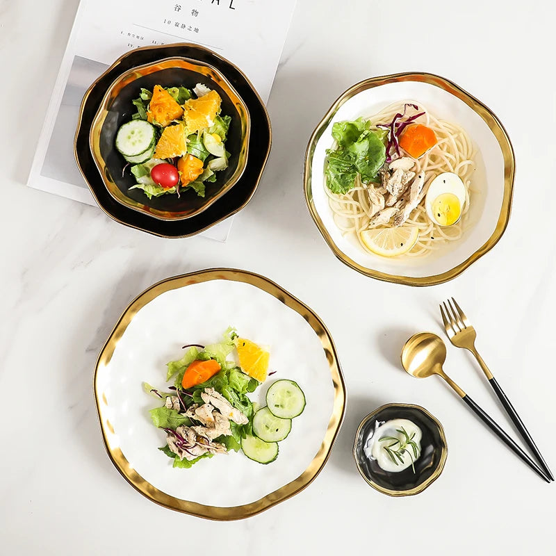 Factory Direct Wedding Gold Ceramic Plates Gold Rim Fashion Black White Gold Dinnerware Irregular Bowl Set