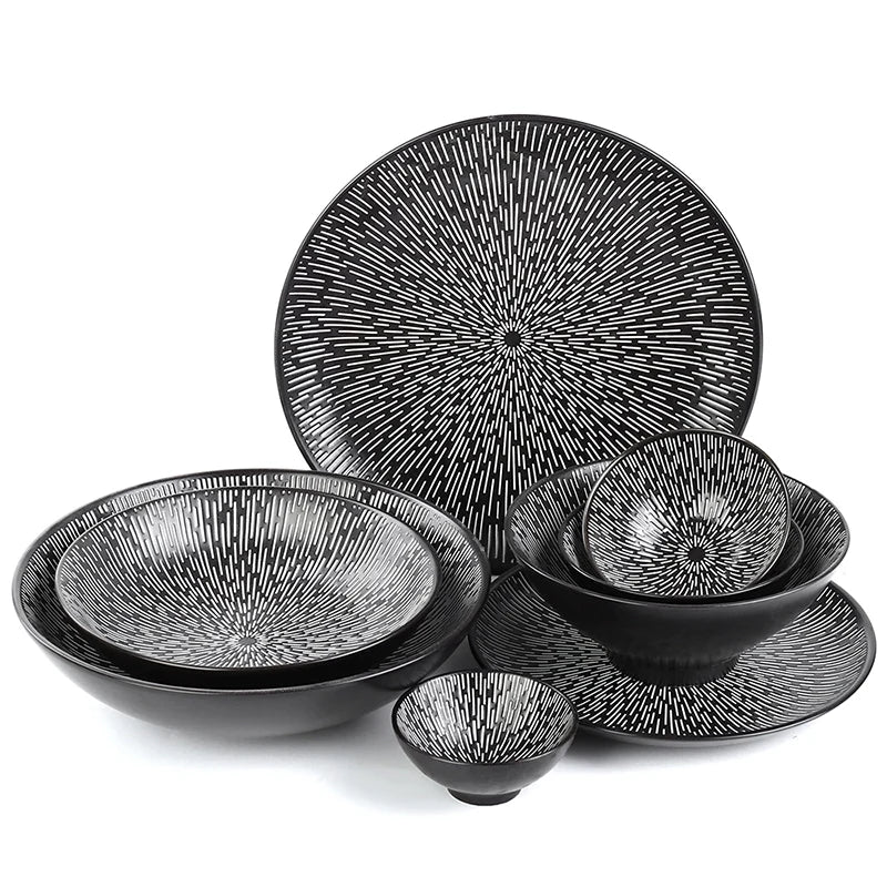 Dehua Round Ceramic Rain Design Dinnerware Plates Set Porcelain Black or White Line Tableware Morden Salad Soup Bowl