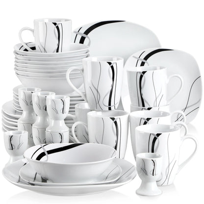VEWEET FIONA 20/40 Piece Black Stripe Porcelain Dinner Kitchen Plate Combi-Set with Egg Cup/Mug/Bowl/Dessert Plate/Dinner Plate