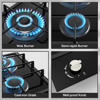 Gas Cooktop 2 Burner Propane Cooktop, 12 Inch Gas Stove Top with Thermocouple Protection, LPG/NG Dual Fuel