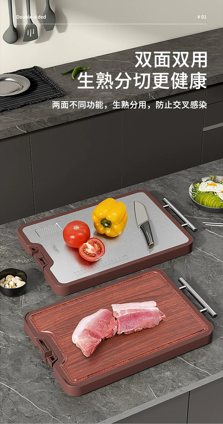 Double-Sided Antibacterial Cutting Board Mold Resistant PP Material Ebony & 316 Stainless Steel Chopping Block for Kitchen