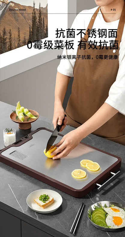 Double-Sided Antibacterial Cutting Board Mold Resistant PP Material Ebony & 316 Stainless Steel Chopping Block for Kitchen