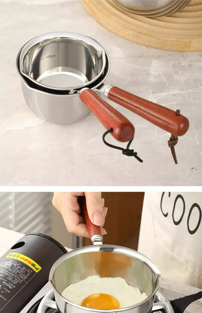 316Stainless Steel Oil Pot Mini Hot Milk Pan Frying Pan Wooden Handle Small Saucepan Boiling Butter Melt Pot Kitchen Accessories