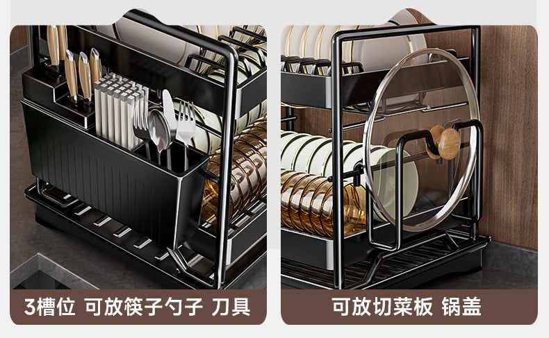 Dish Drying Rack 2-Tier Compact Kitchen Dish Rack Drainboard Set Large Rust-Proof Dish Drainer with Utensil Holder Kitchen Racks