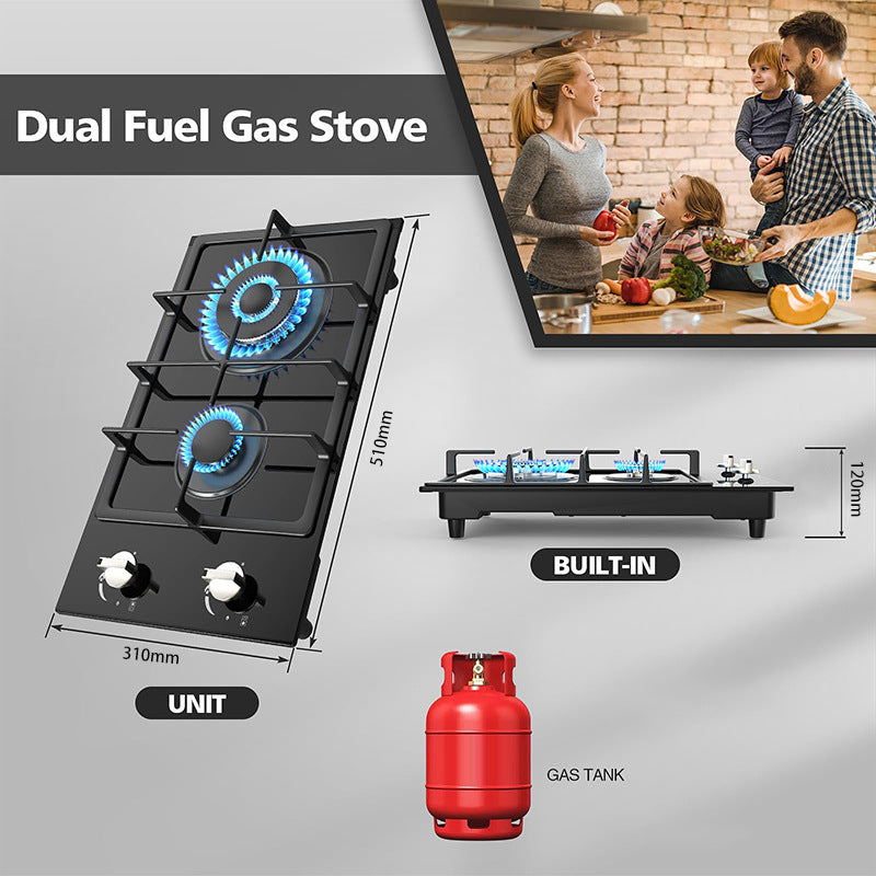 Gas Cooktop 2 Burner Propane Cooktop, 12 Inch Gas Stove Top with Thermocouple Protection, LPG/NG Dual Fuel