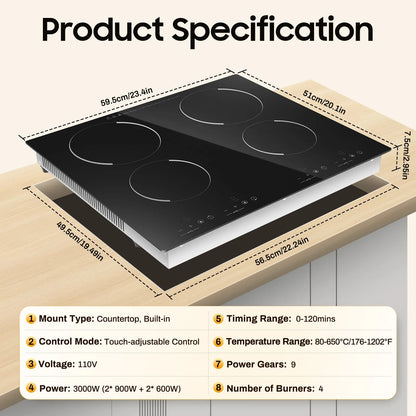 3000W US Standard Electric Ceramic Cooktop Built-In Sensor Touch-Control with 9 Heating Levels and LED display screen for