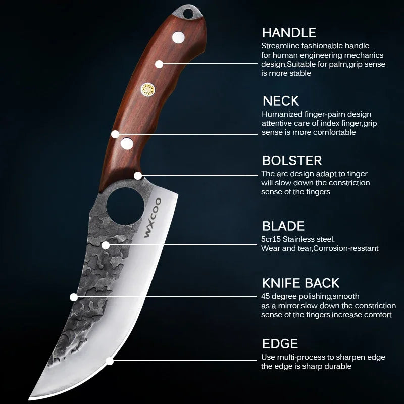 WXCOO Multifunctional Hand Forged Butcher Knife Kitchen Knife Durable Blade for BBQ Meat Cutting Boning Knife Wooden Handle