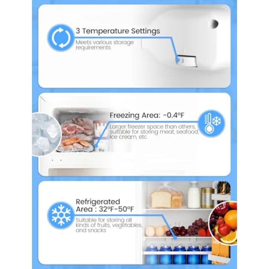 Dorm fridge with freezer for bedroom office kitchen dorm use, white plastic unit with reversible double doors and 2 removable s