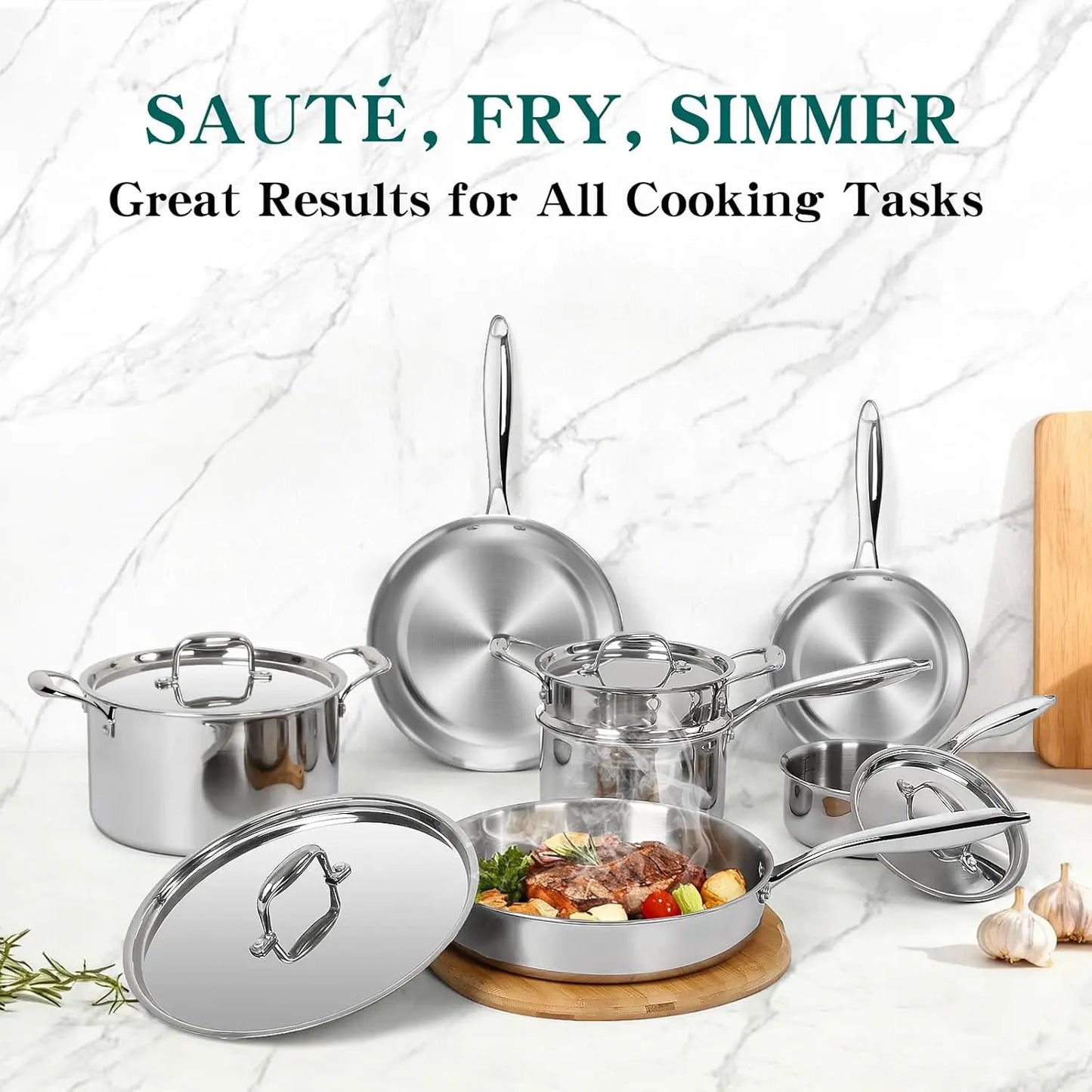 11 Piece Stainless Steel Cookware Set, 3 Ply, Induction Compatible, Oven & Dishwasher Safe