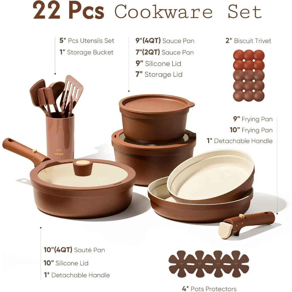 US Shipping Ceramic Nonstick Cookware Set 22 Pcs Detachable Pots and Pans Oven Dishwasher Safe Induction Kitchen Utensil Gift