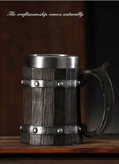 Viking Wood Style Beer Mug 3D Resin Stainless Steel Coffee Cup Wine Glass Metal Double Wall Mug Beer Jug Cup Thermal