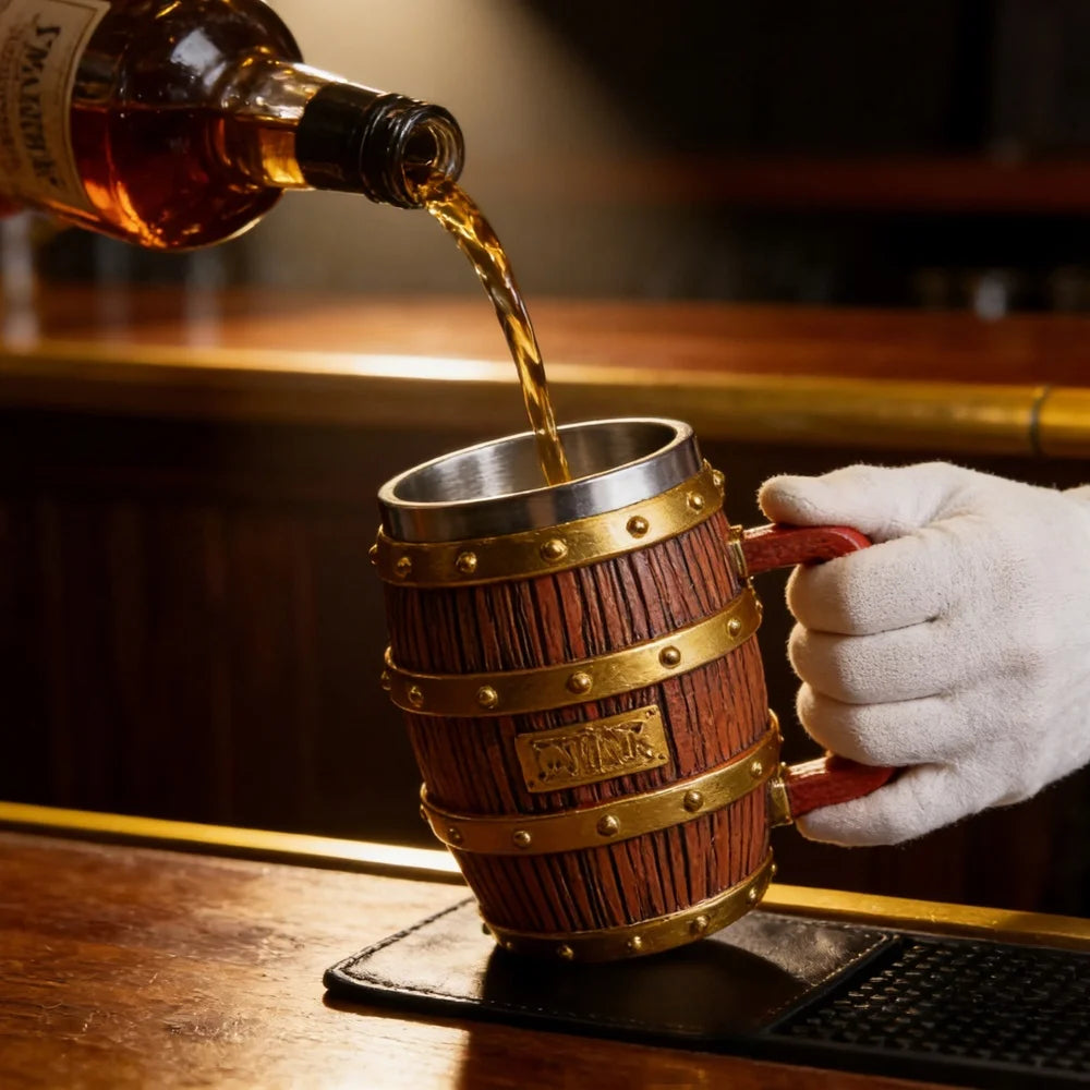1:1 Luffy Zoro Beer Barrel Cup Resin Statue Stainless Steel Mug Medieval Tavern Wood Imitation Barrel Tankard Beer Mug Fan Gift