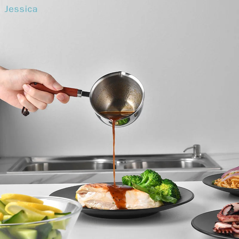 ♥Stainless Steel Oil Sprinkling Small Pot With Wooden Handle Hot Oil Pot Milk Pan Kitchen Multifunction Saucepan