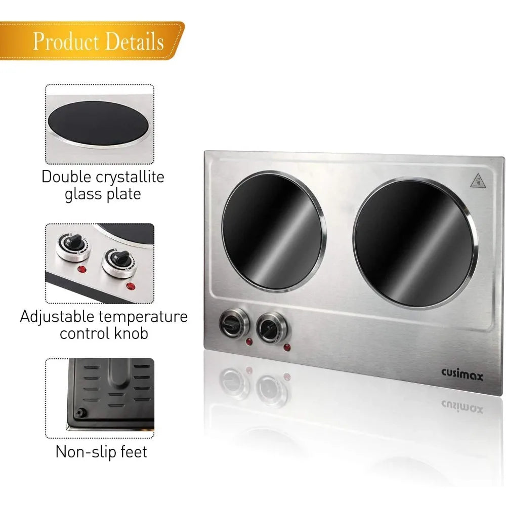 CUSIMAX 1800W Electric Hot Plate for Cooking Dual Control Infrared Cooktop Double Burner Ceramic Stove Top