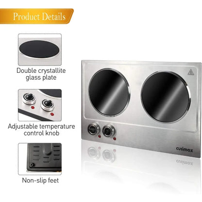 CUSIMAX 1800W Electric Hot Plate for Cooking Dual Control Infrared Cooktop Double Burner Ceramic Stove Top