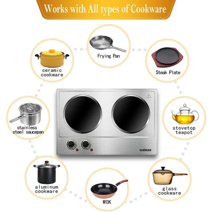 CUSIMAX 1800W Electric Hot Plate for Cooking Dual Control Infrared Cooktop Double Burner Ceramic Stove Top