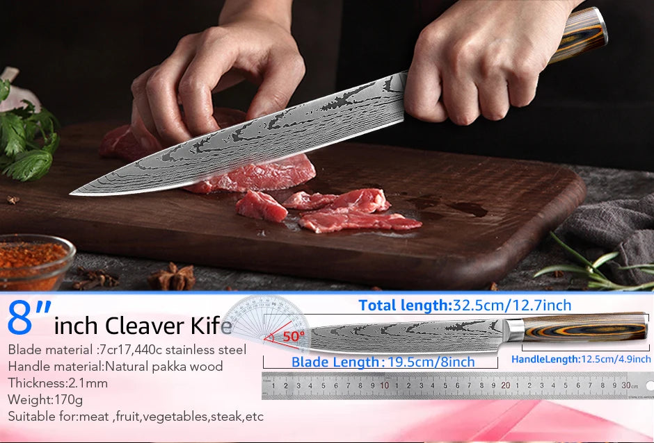 Kitchen Knife Set Professional Chef Knife 7CR17 Germany Stainless Steel Damascus Laser Meat Cleaver Slicing Santoku Cutter Tools