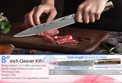 Kitchen Knife Set Professional Chef Knife 7CR17 Germany Stainless Steel Damascus Laser Meat Cleaver Slicing Santoku Cutter Tools
