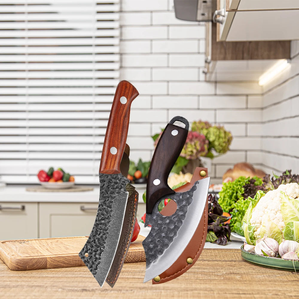 WXCOO Multifunctional Hand Forged Butcher Knife Kitchen Knife Durable Blade for BBQ Meat Cutting Boning Knife Wooden Handle