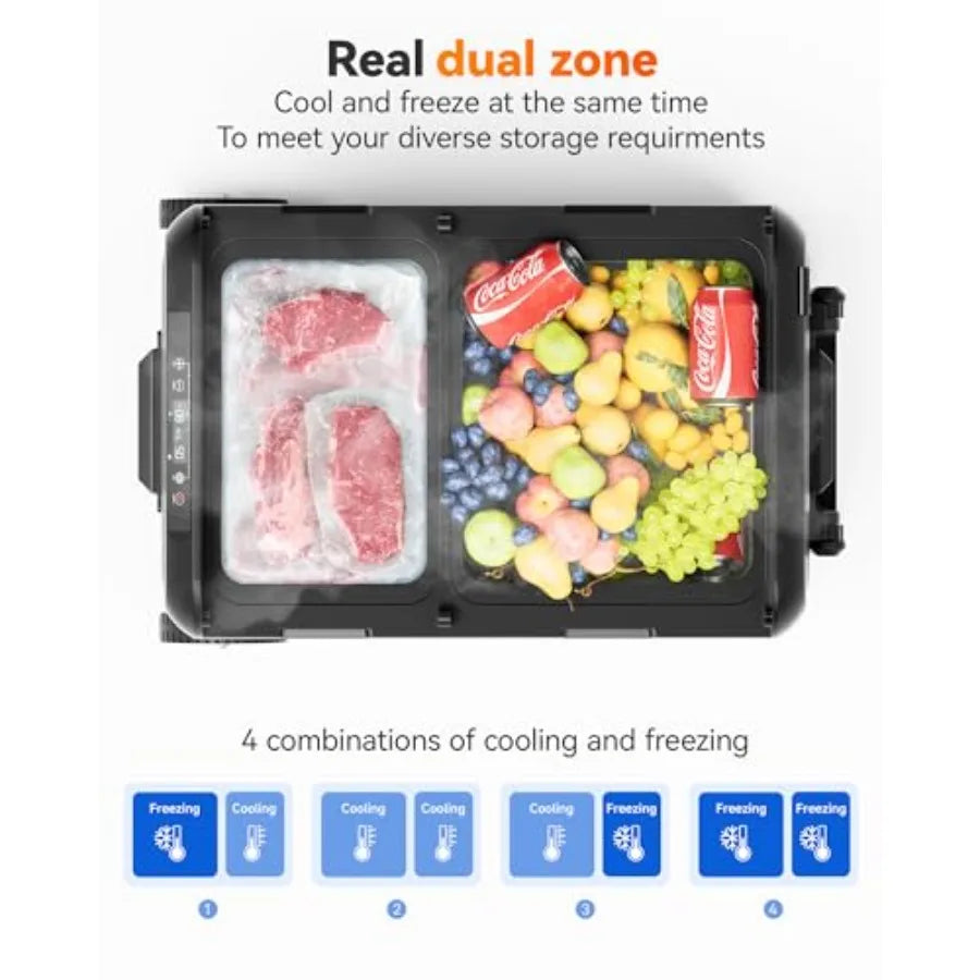 Car refrigerator for RV camping travel home use, aluminum alloy body, black, dual-zone cooling with APP control and wide temper
