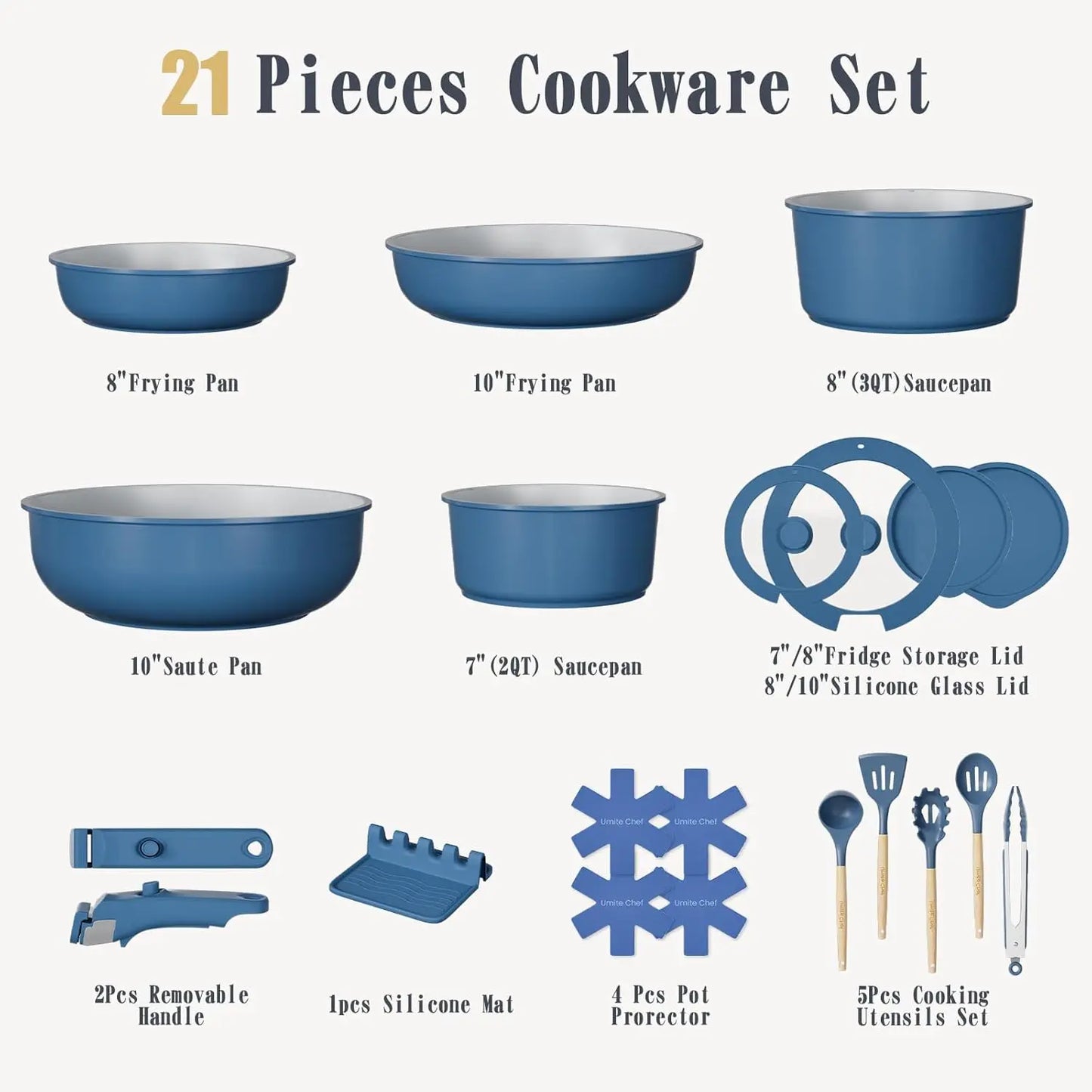Non Stick Pots and Pans Set, 21 Pcs Ceramic Cookware with Detachable Handles, Induction Ready, Oven Safe, PFAS & PFOA Free, Navy