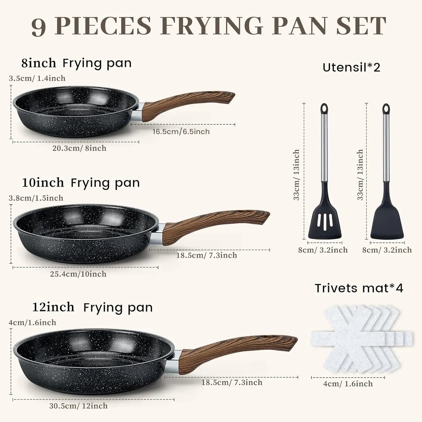 Nonstick Frying Pan Set - 9 Pieces, 3 Sizes (8"/10"/12"), PFOA Free, Induction & Oven Safe, Easy Clean for Home Cooking