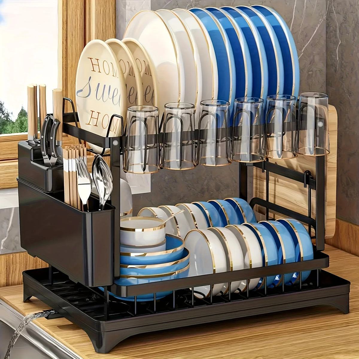 Kitchen countertop 2-tier dish drying rack, kitchen countertop dish drainer with drip tray, metal kitchen dish rack with drip tr