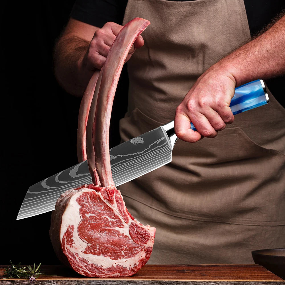 Stainless Steel Chef Knife Kitchen Knife Set 1-8Piece Razor-Sharp Paring Knife, Boning Knife, Santoku Knife, Blue Resin Handle