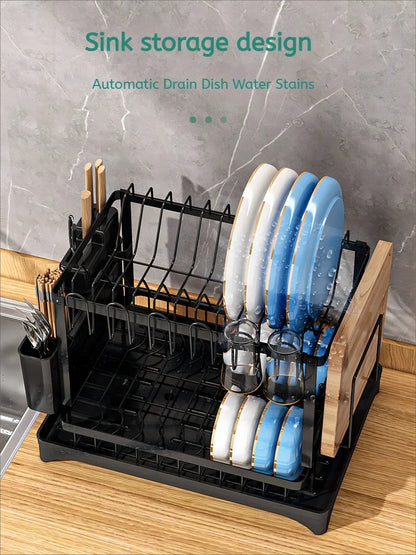 2 Tier Dish Drying Rack Kitchen Bowl Drainer Storage Rack Tableware Drain Chopsticks Knife Fork Water Cup Storage Holder 2 Tier