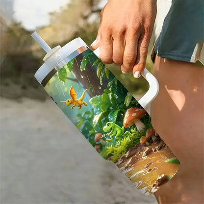 40oz Tumbler with Handle, Cute Cartoon Dinosaur Jungle Riding Print, Suitable for All Ages, Perfect for All Seasons, Great for Outdoor Activities And Fits Both Hot And Cold Drinks