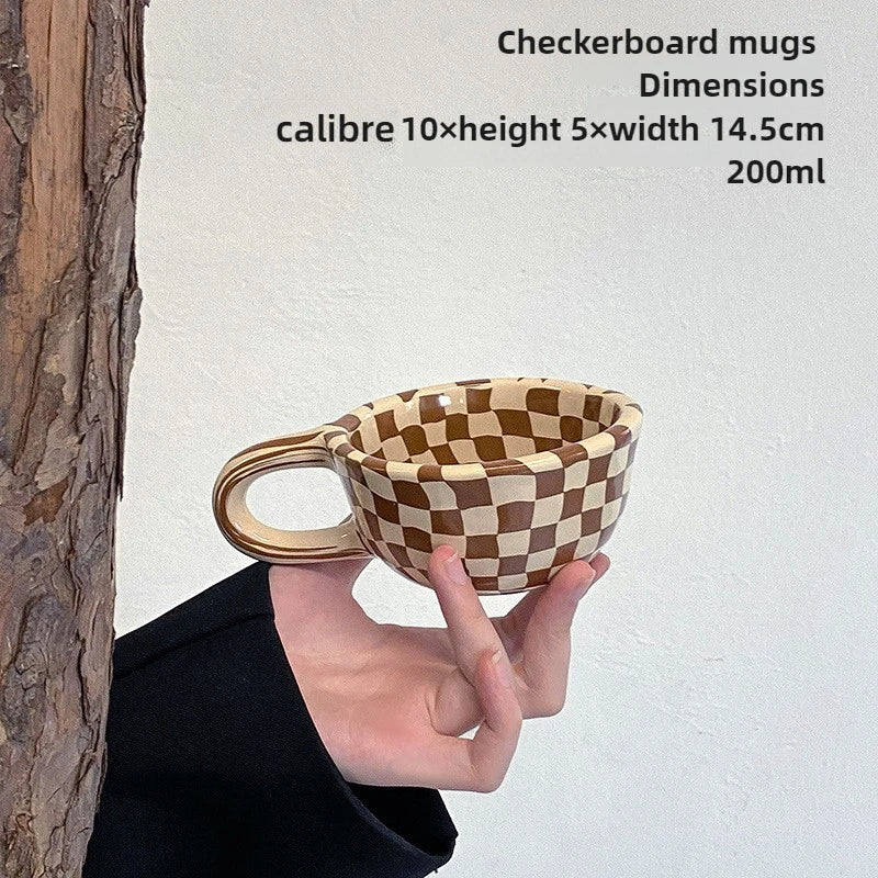Checkerboard Shape Mug, Korean Retro Ceramic Coffee Mug, Office Latte Mug, Holiday Gift,Home Use Simple Water Cup