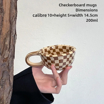 Checkerboard Shape Mug, Korean Retro Ceramic Coffee Mug, Office Latte Mug, Holiday Gift,Home Use Simple Water Cup