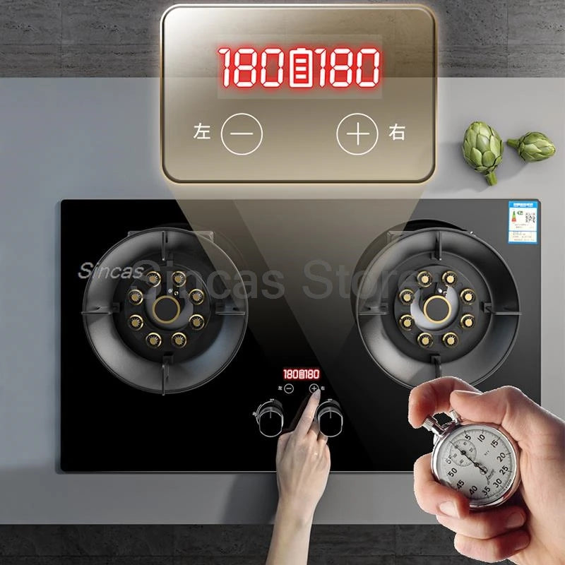 Two-burner Gas Stove Desktop Fierce Fire Kitchen Gas Stove Dual Stove Embedded Nature Gas/LPG Timing Stove Dual-Use Gas Cooker