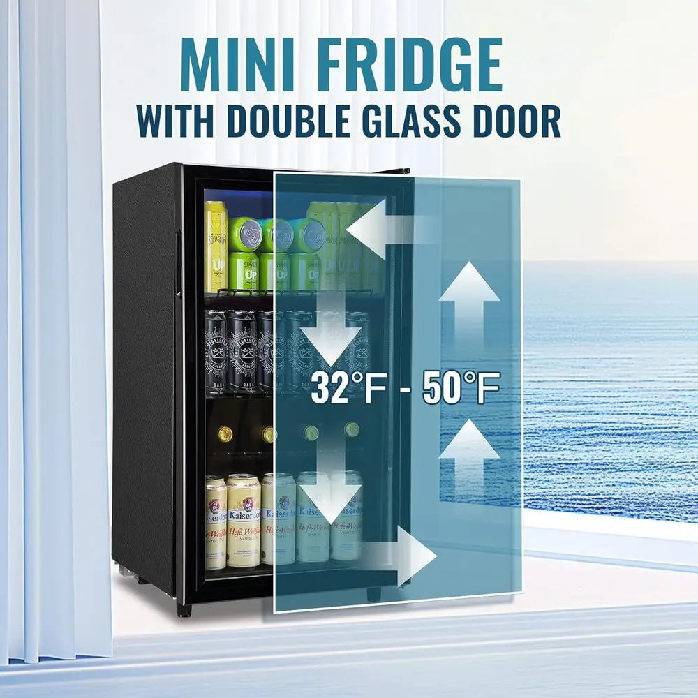 120-Can Glass Door Mini Fridge with LED Light for Beverages and Wine, Ideal for Home or Office