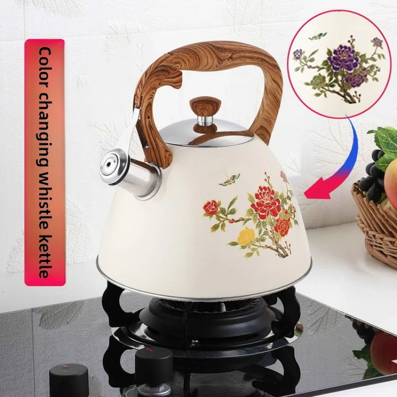 3L Color-Changing Flower Whistling Kettle, Stainless Steel Visual Alert When Water Boils, for Induction & Gas