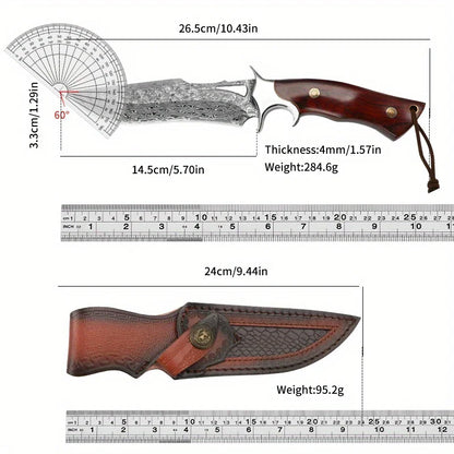 Damascus advanced straight knife, fixed blade, wooden handle and leather scabbard, easy to carry, fast cutting, loved by men
