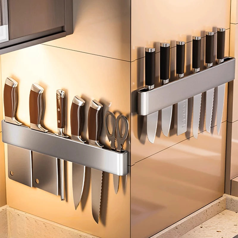 Wall-Mounted Kitchen Knife Holder No Punching Stainless Steel Storage Rack for Home Use 304 Steel Knife Insertion Rack