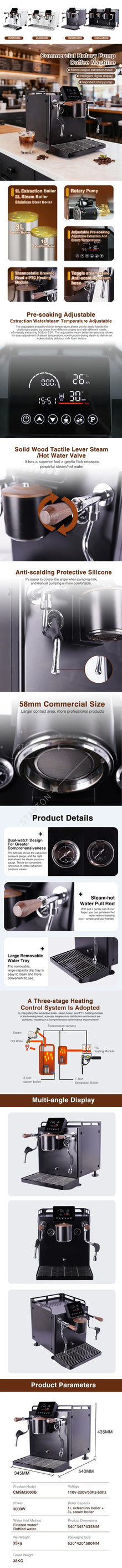 Commercial Espresso Machine 9 Bar Rotary Pump E61 Brewing Head Coffee Machine 3000w Double Boiler Coffee Maker