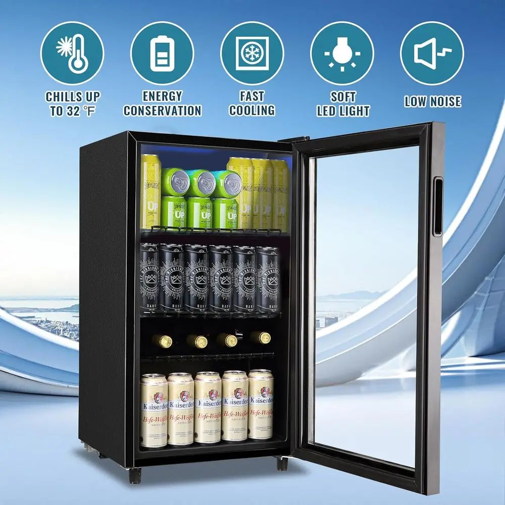 120-Can Glass Door Mini Fridge with LED Light for Beverages and Wine, Ideal for Home or Office
