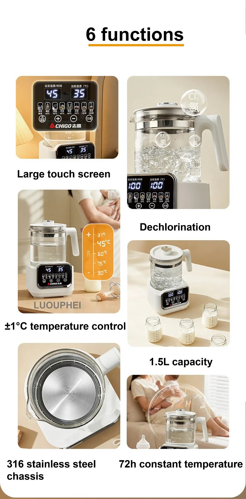 1.5L Electric Kettle Home Health Kettle Multifunctional Milk Regulator Temperature Control Flower Tea Kettle Auto Keep Warm 800W