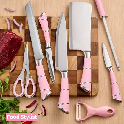 9-Piece Set Stainless Steel Kitchen Knives - with Storage Rack - Ultra-sharp Chef's Knife for Home Cooking Essentials Pink/White