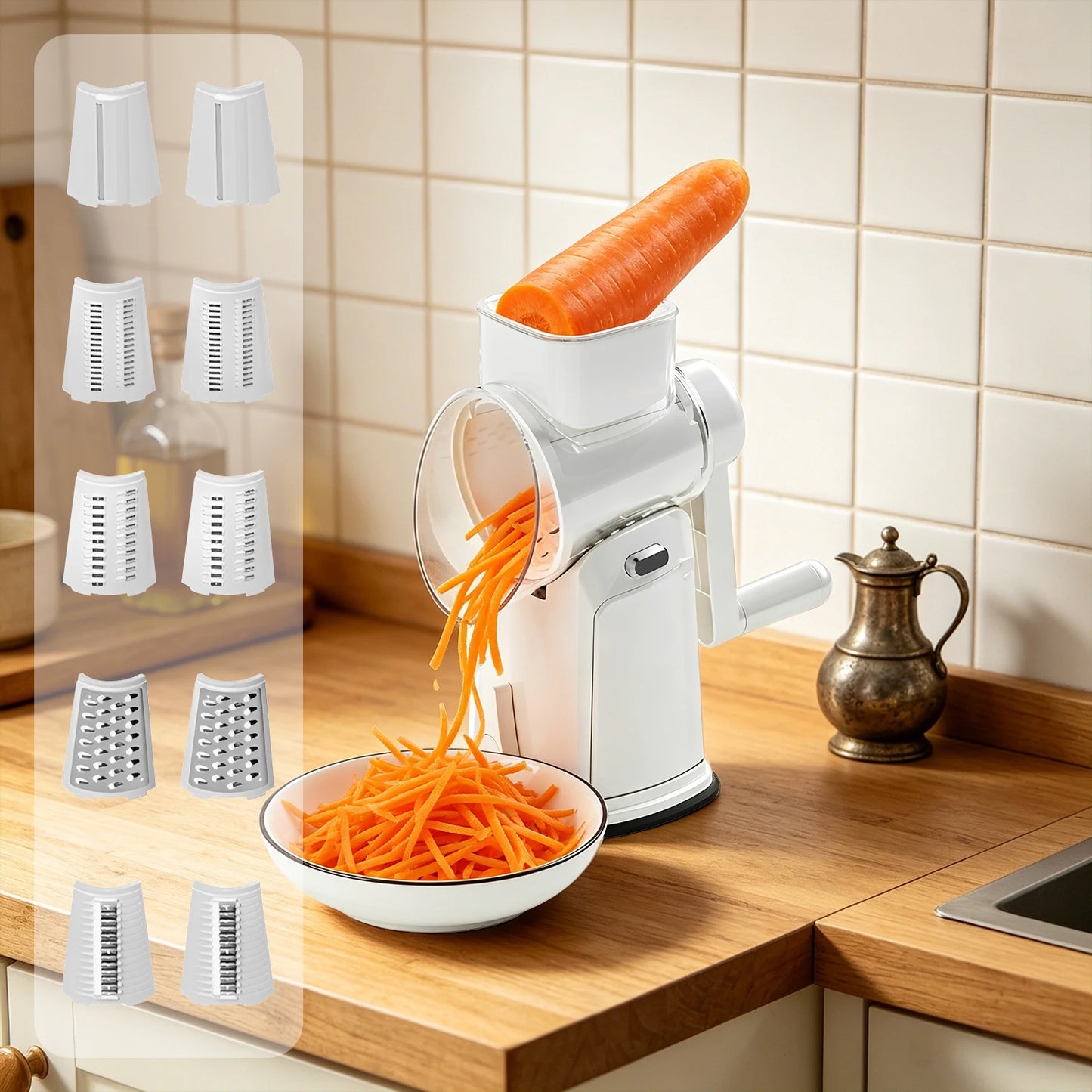 Cheese Grater with Rotary Hand Crank, Vegetable Chopper with Replaceable Stainless Blades, Strong Suction Base, Easy-Clean Multipurpose Kitchen Slicer